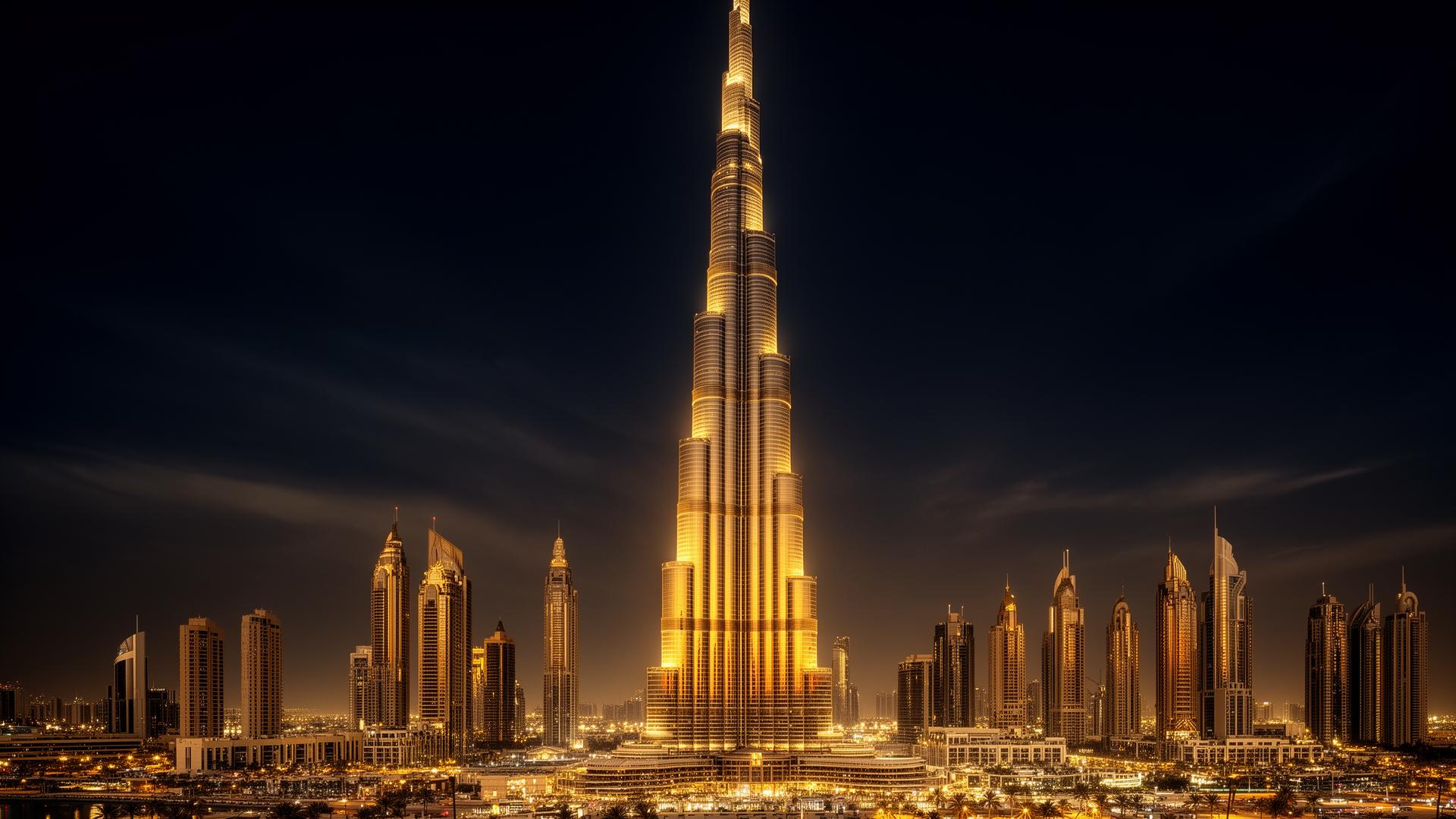 Dubai skyline at dusk with the Burj Khalifa illuminated in gold