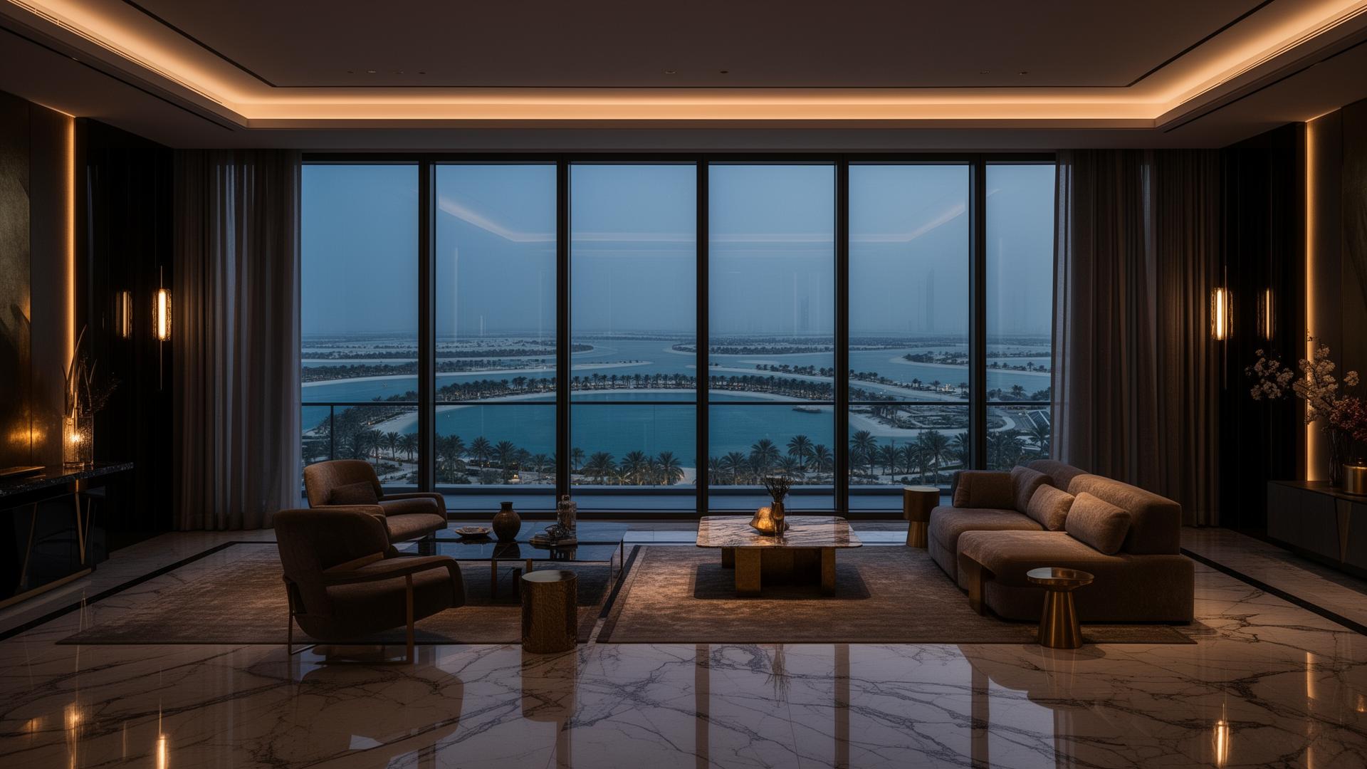 Luxury Dubai penthouse interior with marble floors and waterfront view